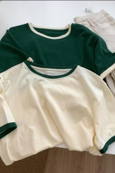 拼接T恤短袖女夏装撞色新款圆领宽松ins小心机洋气简约学生上衣