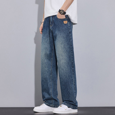 vintage 风重磅牛仔裤 男阔腿直筒裤 做旧水洗深靛蓝潮流长裤