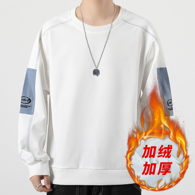 男士圆领卫衣春秋季潮牌男装拼色外套上衣加绒打底衫卫衣男生外穿