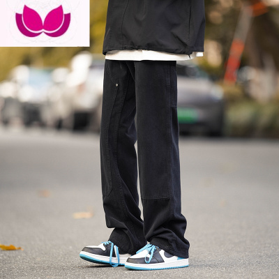 七斓军绿色牛仔裤男宽松ins水洗阔腿工装裤潮牌复古拖地直筒裤子