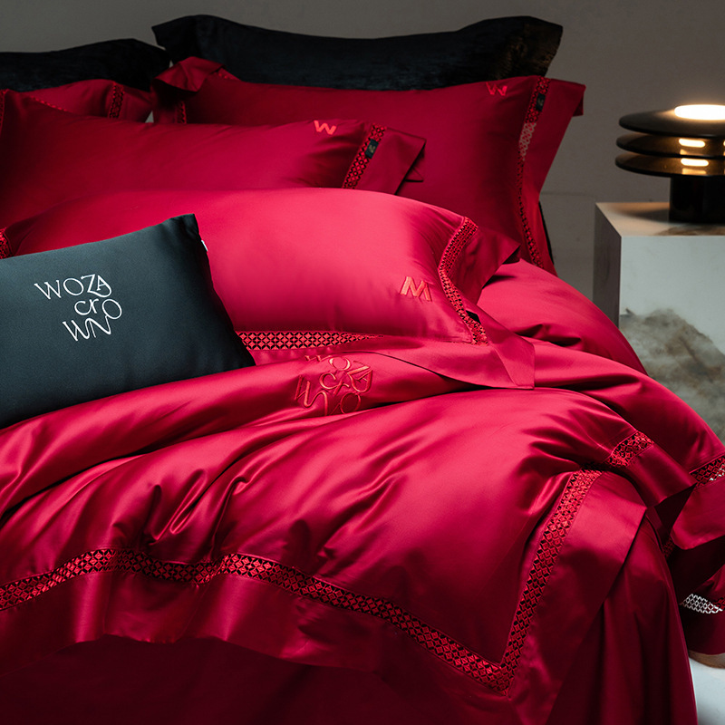 高端婚庆100s长绒棉四件套镂空边简约结婚备婚陪嫁纯棉陪嫁礼品