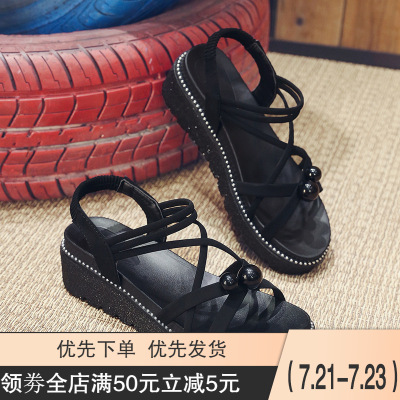 跨馬凉鞋女夏2021夏季新款韩版松糕厚底罗马凉鞋原宿平底防滑坡跟女生凉鞋V