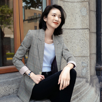 Mrfemale/女先生女士套装格子西装外套女韩版春秋新款收腰气质百搭复古上衣风衣女中长款小西服职业装工作服面试