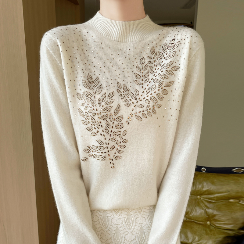秋冬新款安迪绒宽松半高领针织衫内搭树枝烫钻设计感女士毛衣