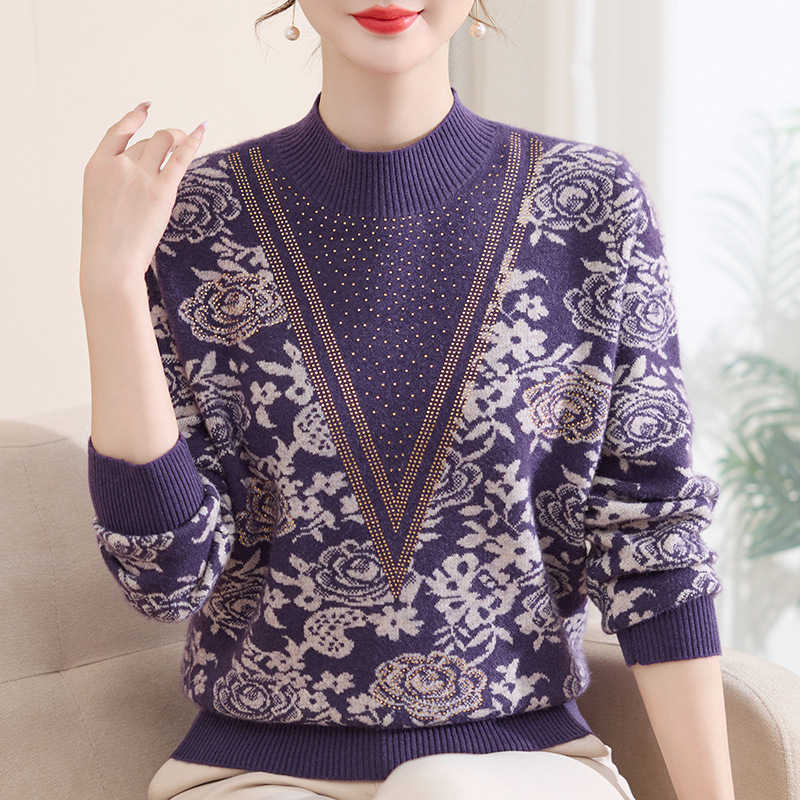 洋气妈妈秋冬装半高领加绒加厚保暖上衣中老年女装一体绒内搭毛衣_1