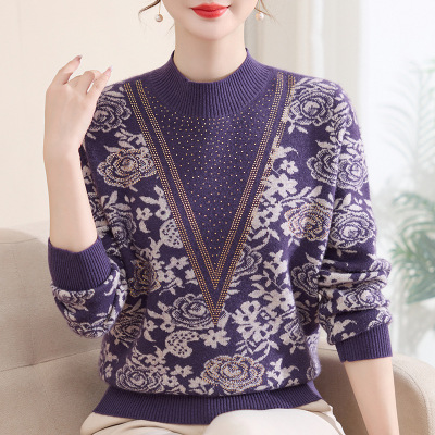 洋气妈妈秋冬装半高领加绒加厚保暖上衣中老年女装一体绒内搭毛衣_1