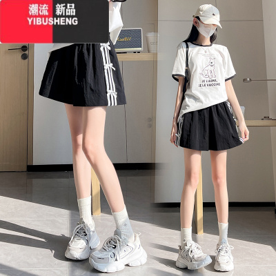 YIBUSHENG大码蝴蝶结休闲短裤女2024季薄款速干运动裤高腰热裤宽松阔腿裤