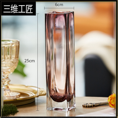 轻奢欧式玻璃花瓶透明创意水培植物鲜干花插花瓶客厅装饰家用摆件三维工匠25方缸（酒红色）中等