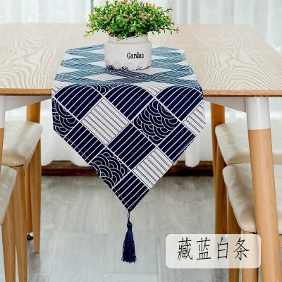 北欧桌旗 棉麻家用桌布电视柜长桌旗欧式茶几现代简约 藏蓝白条 30*240cm(适合180-200cm左右桌子茶桌柜子)