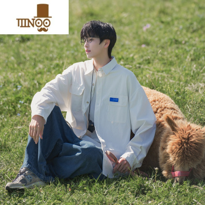 YANXU白色工装长袖衬衫男款日系复古潮牌痞帅贴标宽松休闲衬衣外套