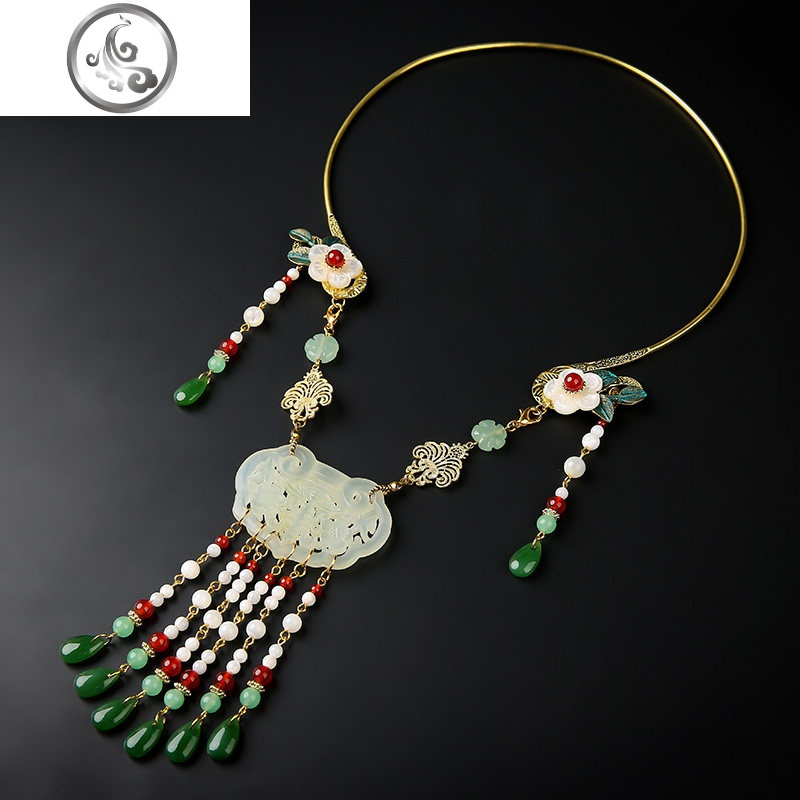 复古风项圈女玉石长命锁流苏吊坠项链原创国风汉服璎珞饰品 jimi