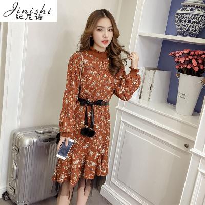 纪尼诗 2018女装【有】新款雪纺碎花套头中长款收腰显瘦下摆不规则连
