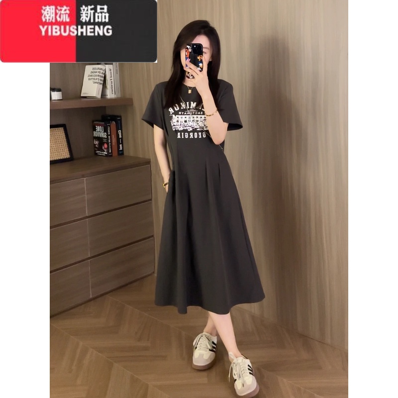 YIBUSHENG韩版复古印花收腰褶皱连衣裙女2024季小个子遮肉显瘦休闲t恤裙