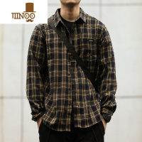 YANXU 秋季磨毛衬衫男日系复古格子宽松长袖休闲工装厚衬衣潮