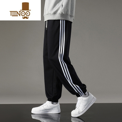 YANXU三条杠裤子男夏薄款透气宽松束脚条纹九分运动卫裤男士休闲裤