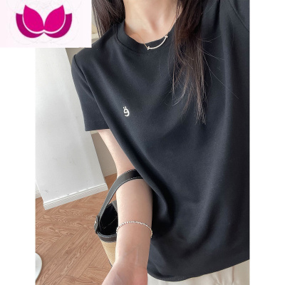 七斓夏纯色小版型正肩T恤精字母刺绣短袖合身显瘦弹力螺纹棉打底衫女
