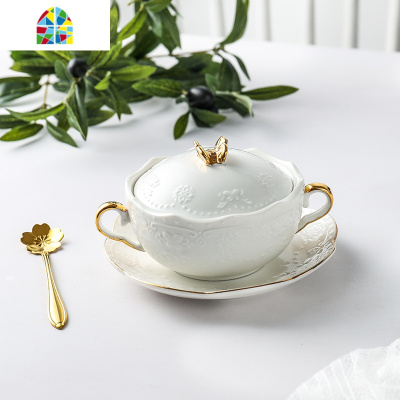 欧式燕窝小碗金边双耳蒸蛋碗陶瓷甜品糖水碗带盖套装鱼翅银耳汤盅 FENGHOU 金边款(方盘+盖碗+金勺)粉色