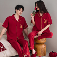 纯棉夏季情侣短袖长裤套装家居服红色本命年睡衣舒适休闲男女新婚