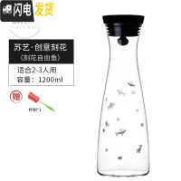 三维工匠Grand Cru欧式凉水壶玻璃可高温家用防爆冷水壶套装大容量凉水杯 苏艺.创意刻花1200[刻小鱼]