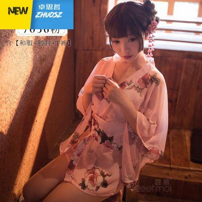 性感内衣情趣开襟雪纺和服睡裙骚成人短透视睡衣女薄款卓思哲和服+腰封+T裤-均码