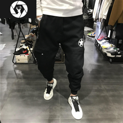 HongZun美式休闲男加绒工装运动休闲裤潮牌印花修身弹力束口小脚裤九分厚工装制服