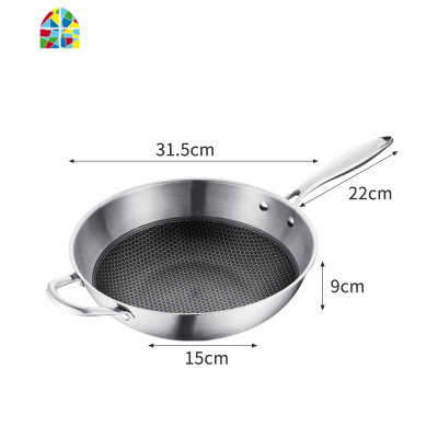 400不锈钢炒锅锅无油烟无涂层锅家用多功能炒菜锅电磁炉燃气适用 FENGHOU 32cm带盖