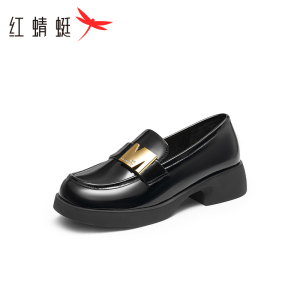 红蜻蜓乐福鞋女2025新款春秋一脚蹬厚底黑色小皮鞋英伦风高跟单鞋