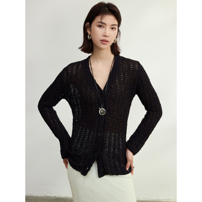 编织感粗针带子纱镂空V领针织开衫女外套新款修身外穿春季上衣女