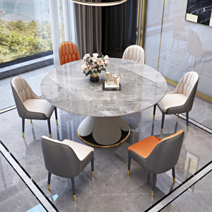 青木川 意式轻奢餐桌椅组合圆桌小户型可伸缩折叠1.2米1.5M吃饭桌子餐厅客厅多功能两用家用铁艺圆形岩板餐桌餐椅组合套装