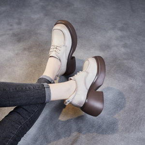 厚底小皮鞋女新款春秋季法式复古英伦风高跟系带单鞋松糕鞋