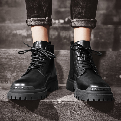 Ideamini秋冬季潮流黑色中帮潮男工装皮鞋les帅t小码林弯弯中性高帮马丁靴靴子