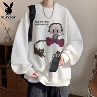花花公子卡通圆领卫衣男士秋冬季新款潮牌长袖t恤美式宽松上衣服