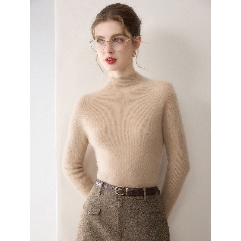 一线成衣羊绒衫女半高领全山羊绒插肩袖修身秋冬保暖内搭毛衣