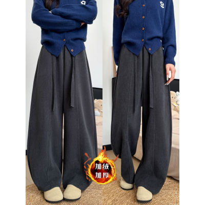 深灰色阔腿裤女秋冬季加绒加厚棉裤直筒小个子灯芯绒休闲裤子_675_702