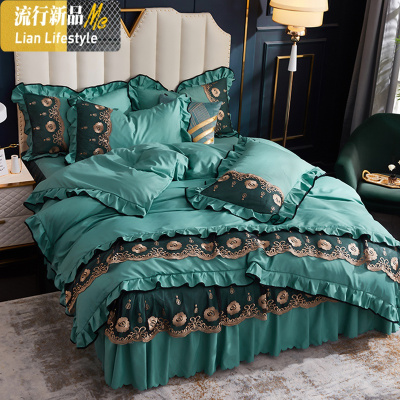 网红款水洗床上四件套 ins风床单床裙款夏季冰丝滑蕾丝边被套 三维工匠