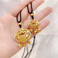 新款磨砂福字长命锁仿黄金沙金平安如意锁情侣款铃铛百搭黑绳项链送女朋友老婆情人节七夕生日礼物