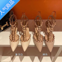SUNTEK铆钉高跟鞋女2023年夏季新款尖头细跟白色柳丁不累脚网红凉鞋单鞋