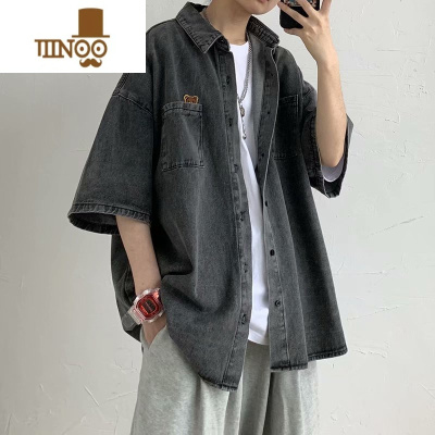 YANXU短袖牛仔衬衫男夏季美式潮牌痞帅宽松慵懒风情侣男装半袖寸衫外套