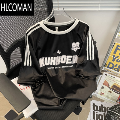 HLCOMAN欧美潮牌ins亮光设计短袖T恤男女情侣嘻哈潮流三杠条纹半袖五分袖