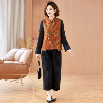 2026年女装新款妈妈装套装女春秋季国风马甲八分裤中老年女装