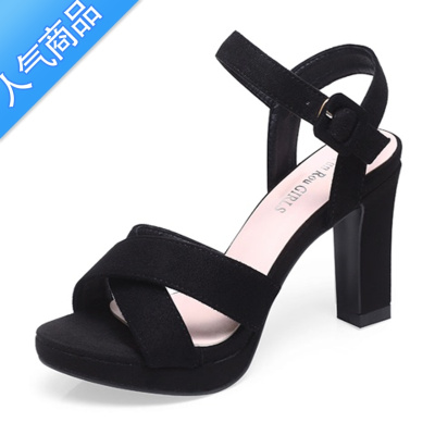 SUNTEK2023夏季新款百搭一字扣凉鞋女粗跟露趾性感黑色防水台10cm高跟鞋