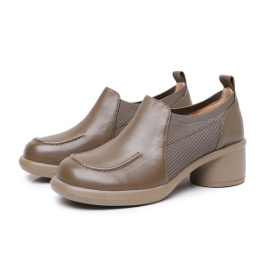 秋新款真皮小个子中跟单鞋女粗跟圆头针织弹力拼接深口女单鞋