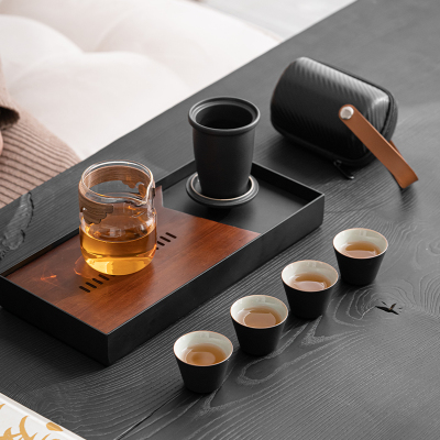 苏氏陶瓷(SUSHI CERAMICS)粗陶山石快客杯便捷茶具旅行茶具户外茶具旅行包套组(黑)