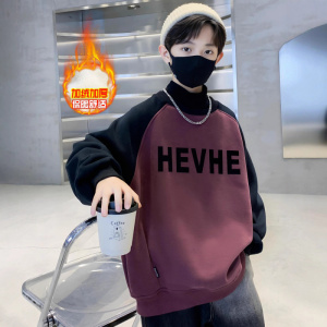 男童冬装加绒卫衣拼色洋气保暖内搭新款大男孩冬季一体绒上衣