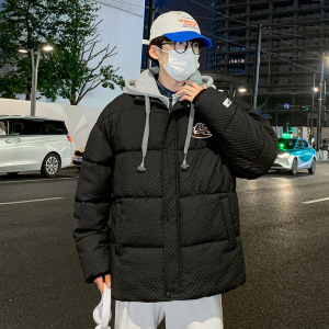 冬季加厚保暖棉服情侣装潮魔术贴连帽拉链开衫棉袄假两件纯色棉衣