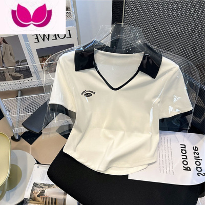 七斓V领短袖正肩t恤女夏季2023年新款polo衫上衣翻领设计感小众ins潮