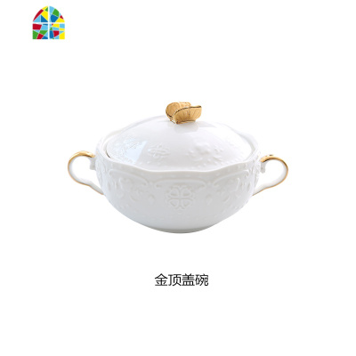 欧式浮燕窝碗描金双耳碗糖水甜品碗蒸蛋碗陶瓷燕窝盅银耳碗汤盅 FENGHOU 金顶盖碗+圆盘+金色勺