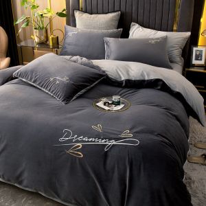 双面加厚绒刺绣四件套法兰绒被套冬季珊瑚绒三件套床单