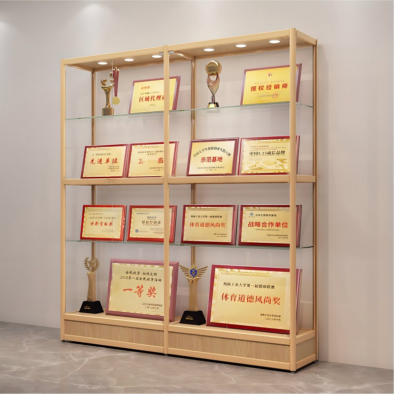 易企采 金色带灯荣誉展示架30*200*200CM无玻璃门 奖牌展示架证书奖杯奖状展示柜 单位:组 货期:10天