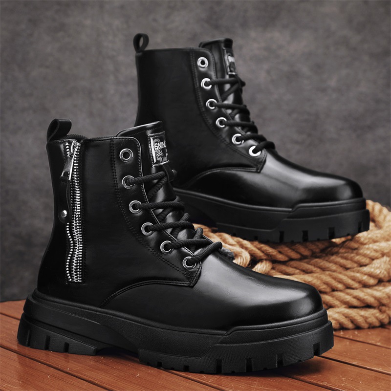 经典黑色马丁靴中筒皮靴男士拉链百搭户外工装靴子秋冬季增高男鞋
